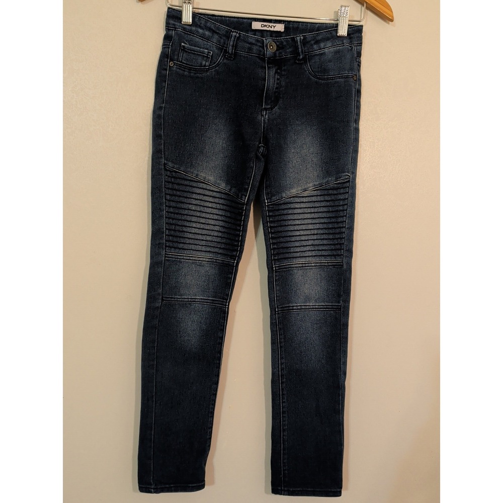 DKNY Girls Blue Moto Skinny‎ Jeans Dark Wash Ribbed Detail D71071DG Size 12/14